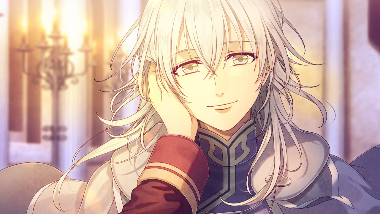 A happy white-haired character smiles while a first-person hand reaches out to tenderly cradle their cheek.
