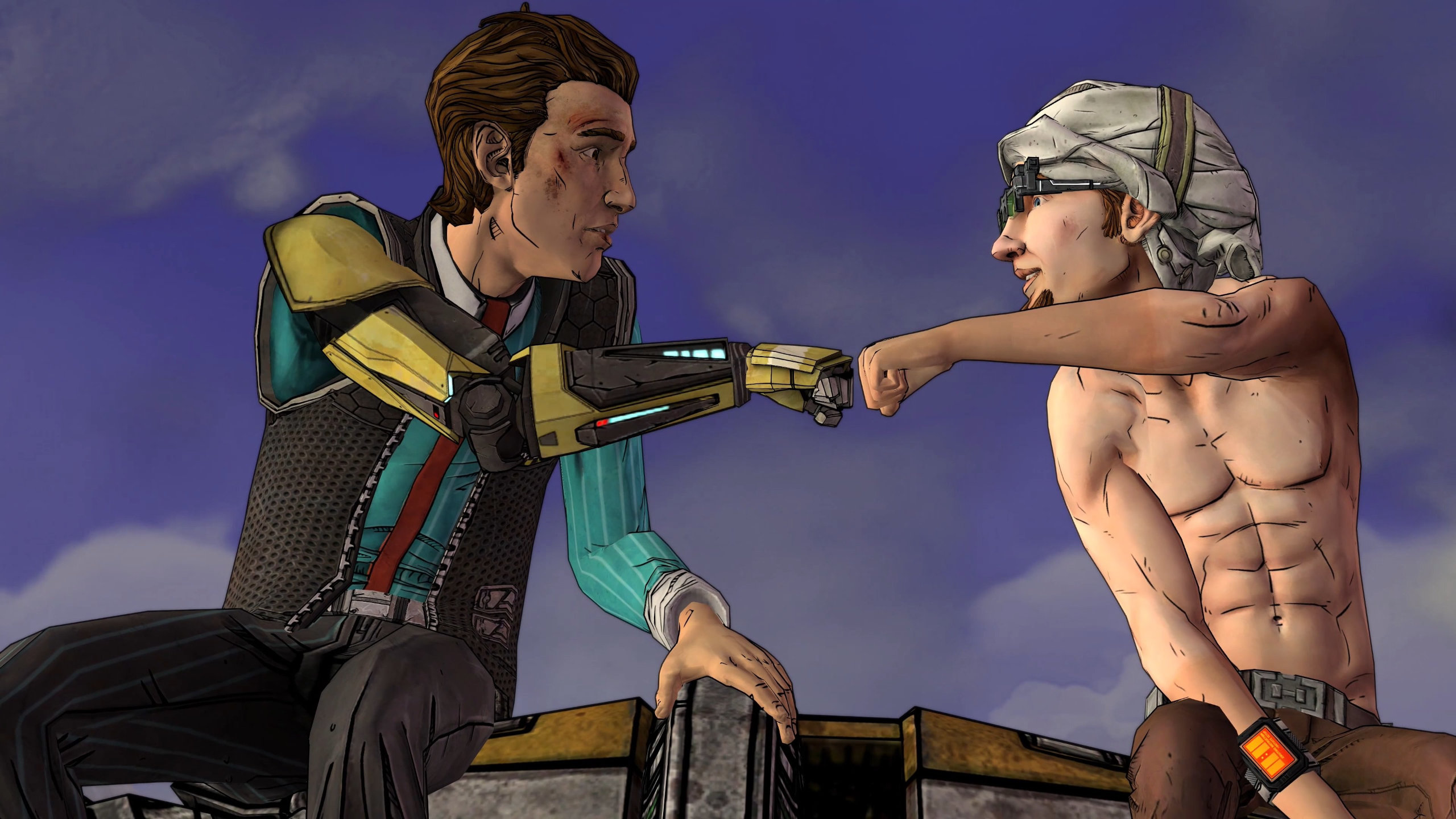 Tales from the Borderlands Screenshot of characters giving each other a fistbump.