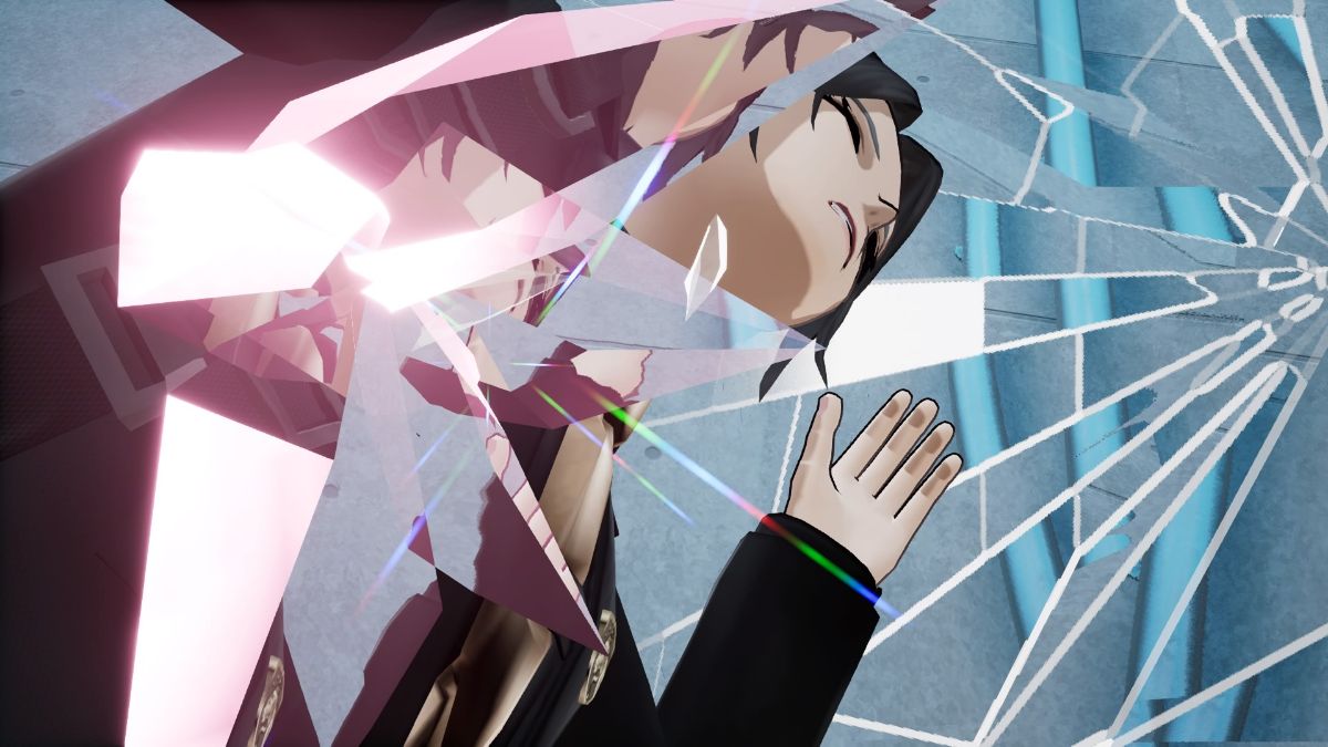 The Caligula Effect 2 Screenshot of a person reflected in shards of broken glass.