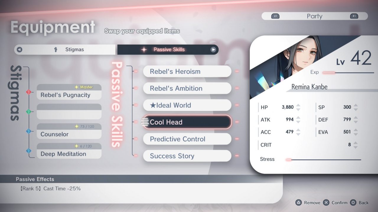 The Caligula Effect 2 equipment screen detailing passive skills and abilities.