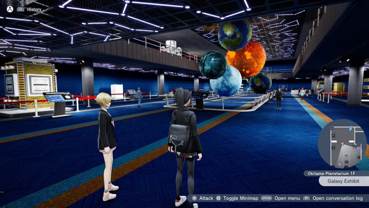 The Caligula Effect 2 screenshot of protagonists exploring a planetarium-themed dungeon.