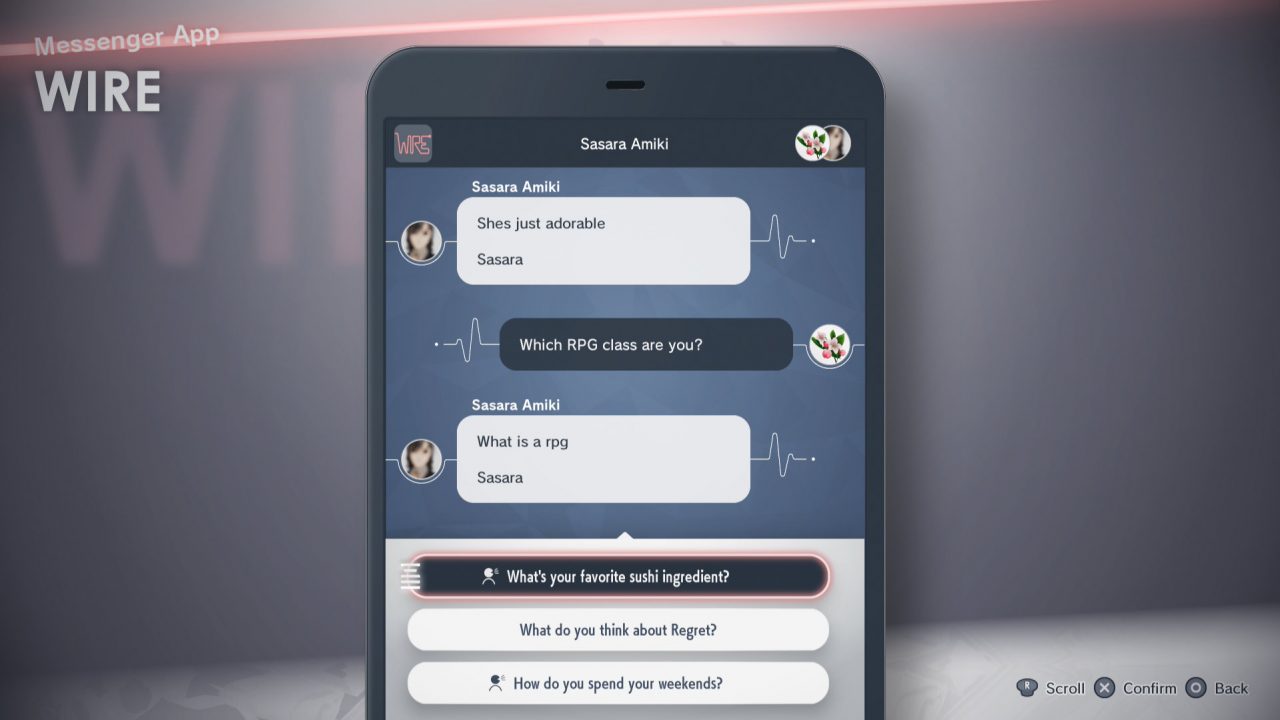 The Caligula Effect 2 text messaging system WIRE displaying a conversation between the protagonist and fellow party member Sasara Amiki.