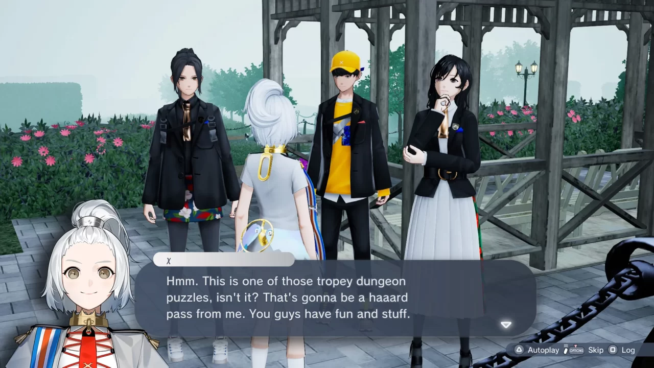 The Go-Home Club discussing dungeon puzzles in a meta fashion, with χ giving a hard pass on "tropey dungeon puzzles" in The Caligula Effect 2.