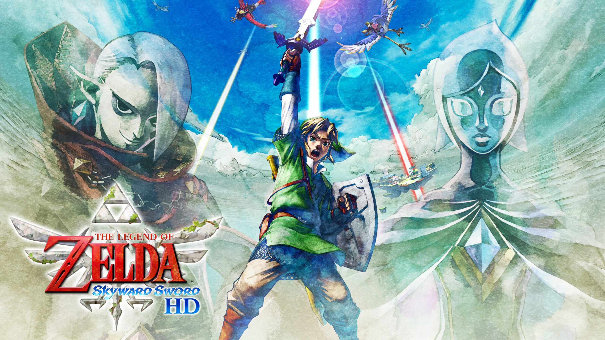 The Legend of Zelda: Skyward Sword HD Artwork with Link heroically raising his sword in the air against a bright cloudy sky.
