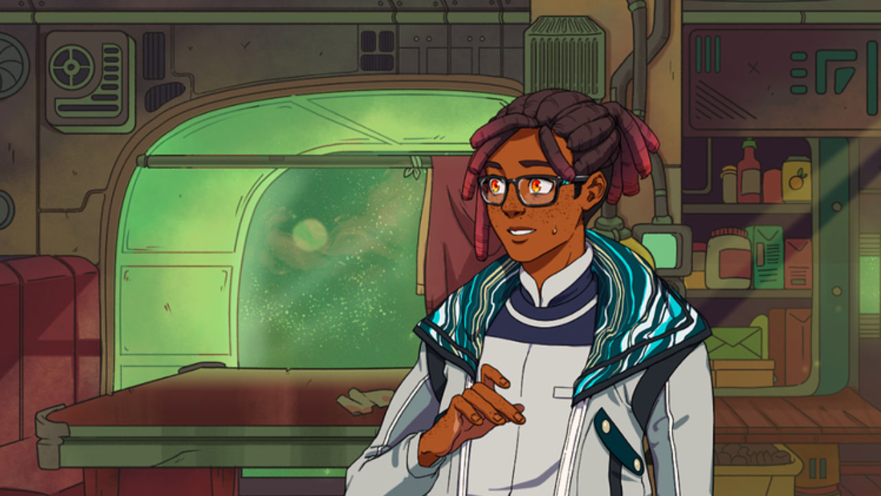 The Sky Left Us main character in a green and red-hued interior; possibly inside a ship.