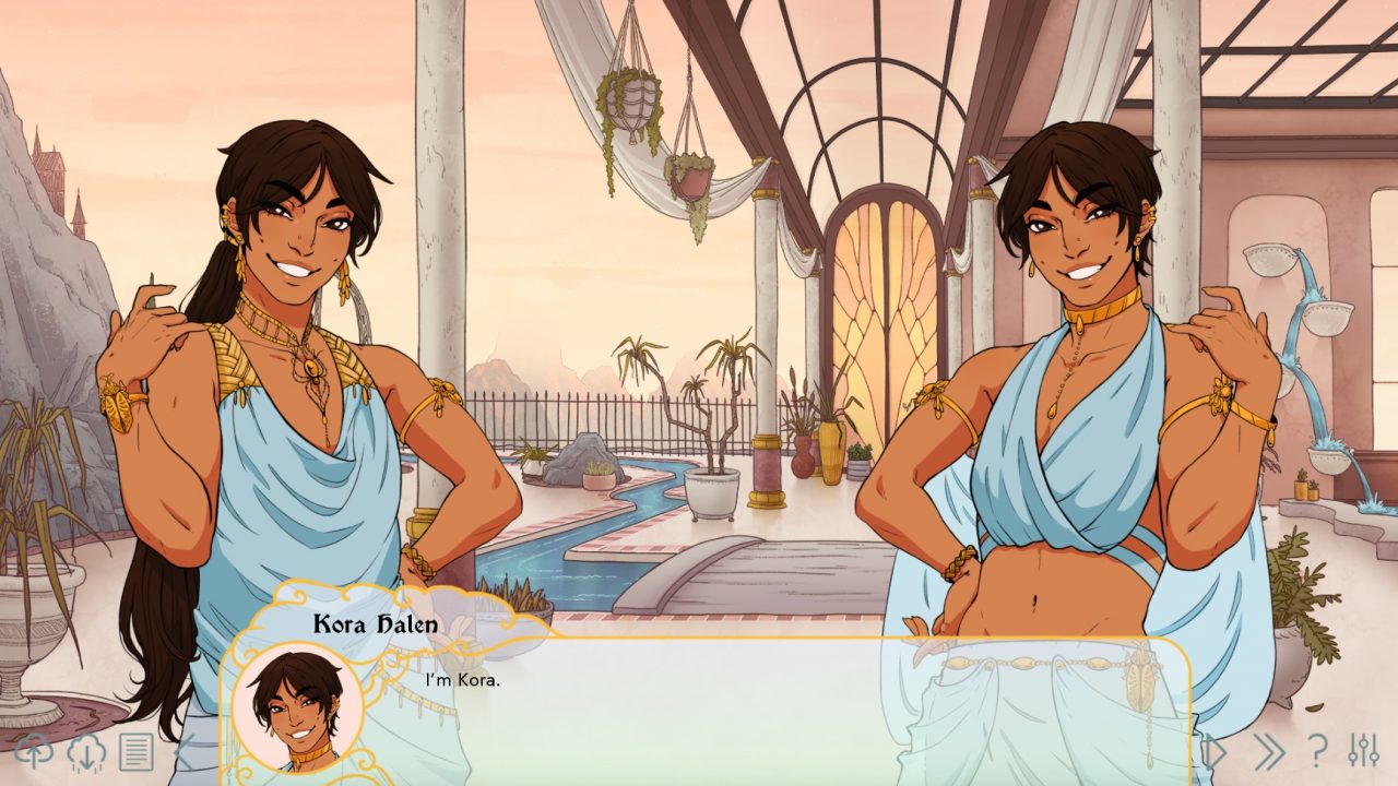 Attractive twins in toga-like attire, with elaborate pink architecture in the background.