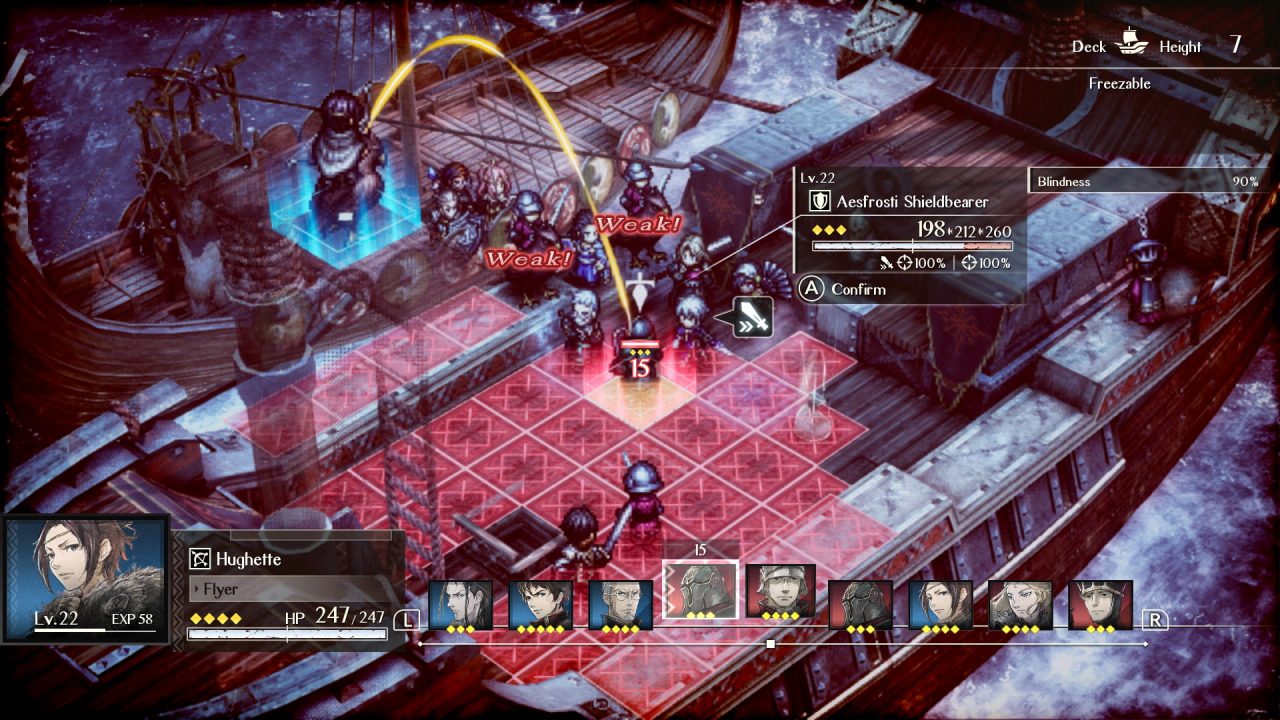 Screenshot From Triangle Strategy showing how grid-based combat works.