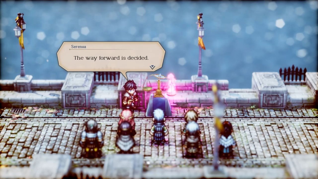 Triangle Strategy screenshot of the main cast on a bridge in front of the Scales of Conviction, which is lit pink. Serenoa's dialogue reads, "The way forward is decided."