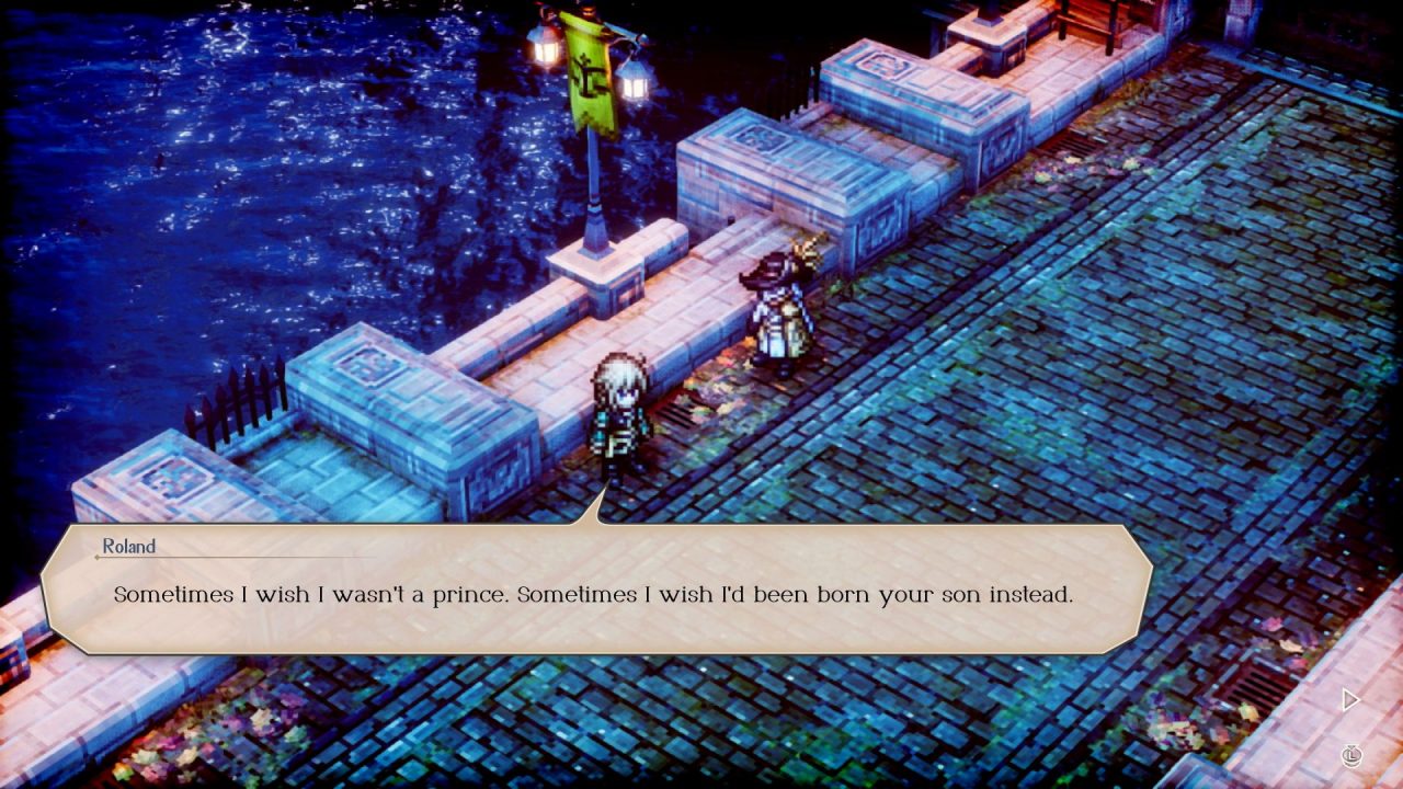 Triangle Strategy screenshot of Roland and Ser Maxwell on a bridge at night. Roland's dialogue reads, "Sometimes I wish I wasn't a prince. Sometimes I wish I'd been born your son instead."