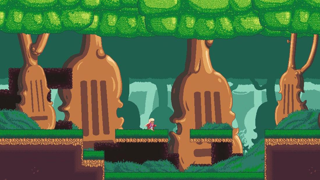 Character walks in a forest of trees that look like cellos.