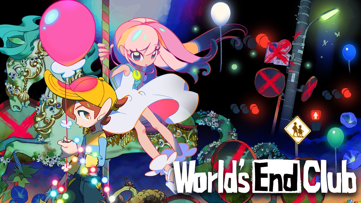 Worl's End Club artwork depicting two of the main characters standing in front of a green and blue Merry-go-round horse. There are road signs and balloons of all different colours, such as pink, white, green, red, and blue. The road signs have red crosses painted across them. The male character wears a yellow baseball cap, has brown hair, and is standing with his side towards the front. The female character has punk hair and a white flowing dress.