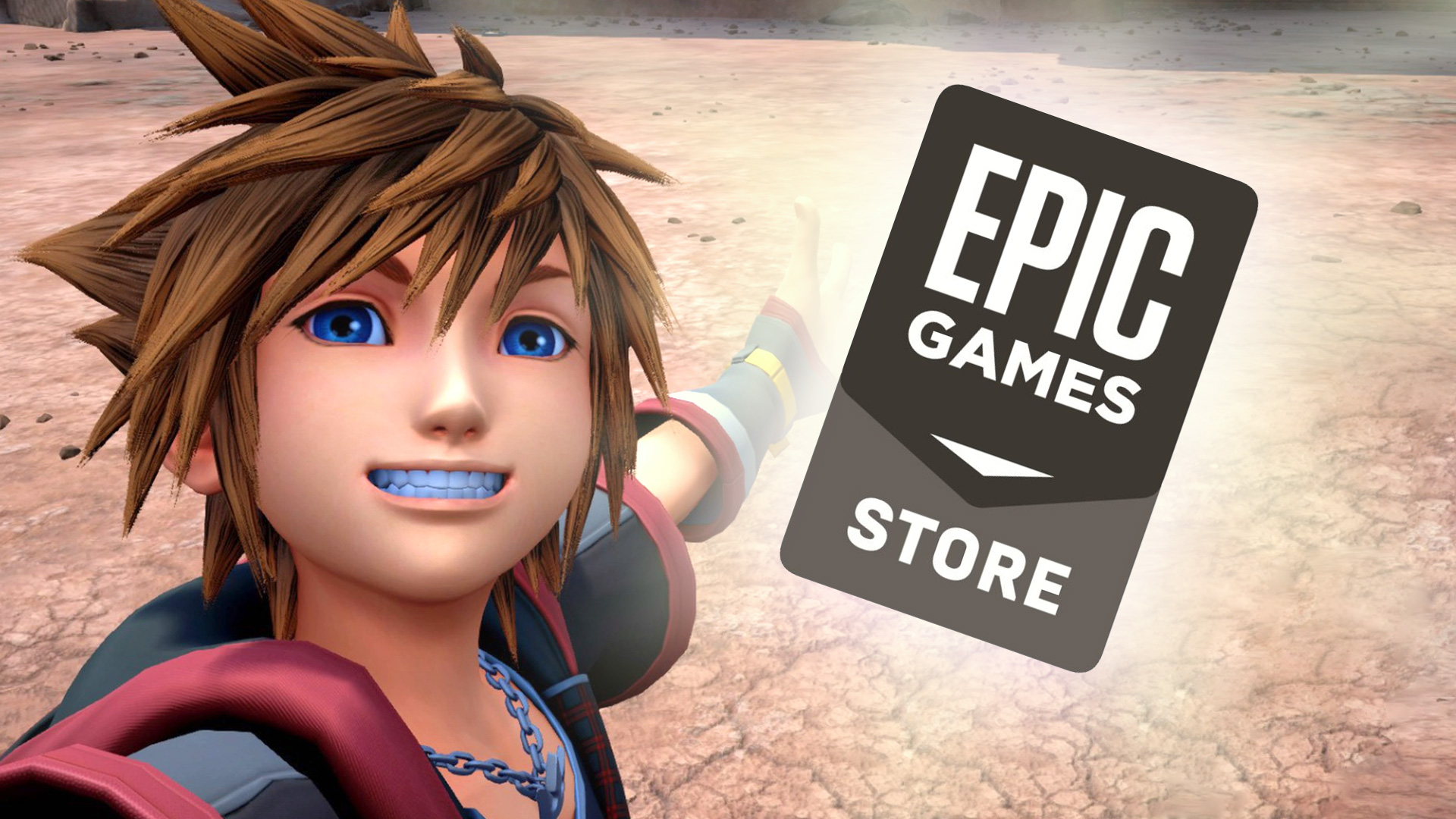 Sora from Kingdom Hearts gesturing towards the Epic Games Store logo