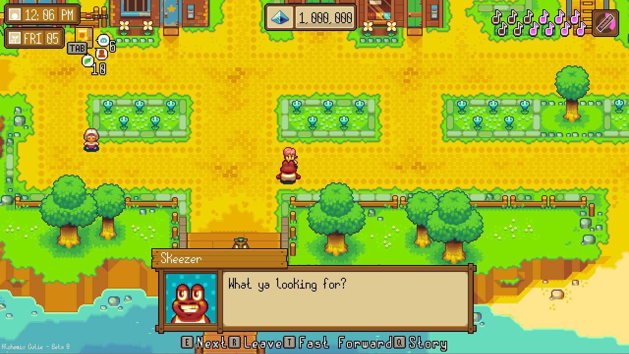 Yvette talks to one of the villagers, a red frog, by the beach in Alchemic Cutie.