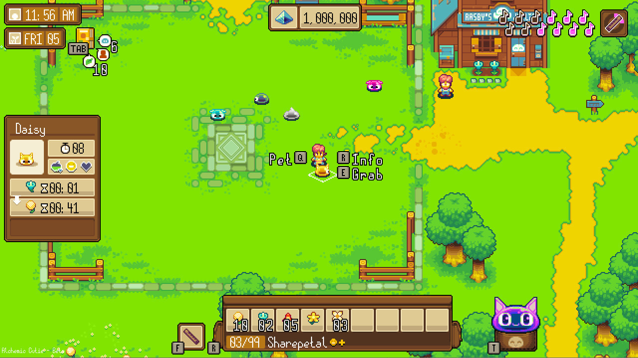 An Alchemic Cutie screenshot showing Yvette on the farm with lots of jellies.