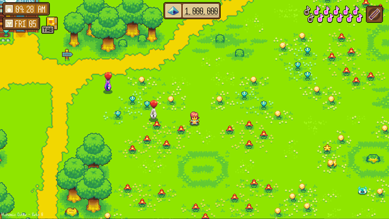 An Alchemic Cutie screenshot showing Yvette gathering items and capturing jellies.