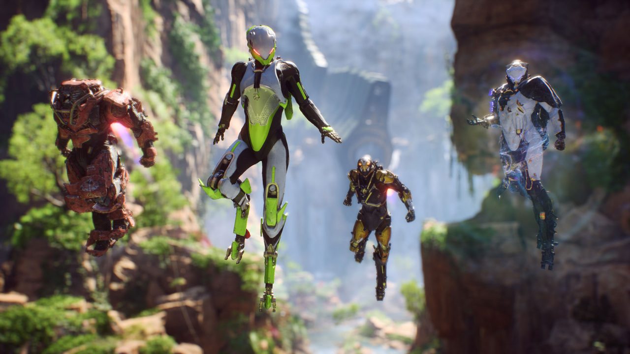 A group of characters flying around and taking in the scenery in Anthem