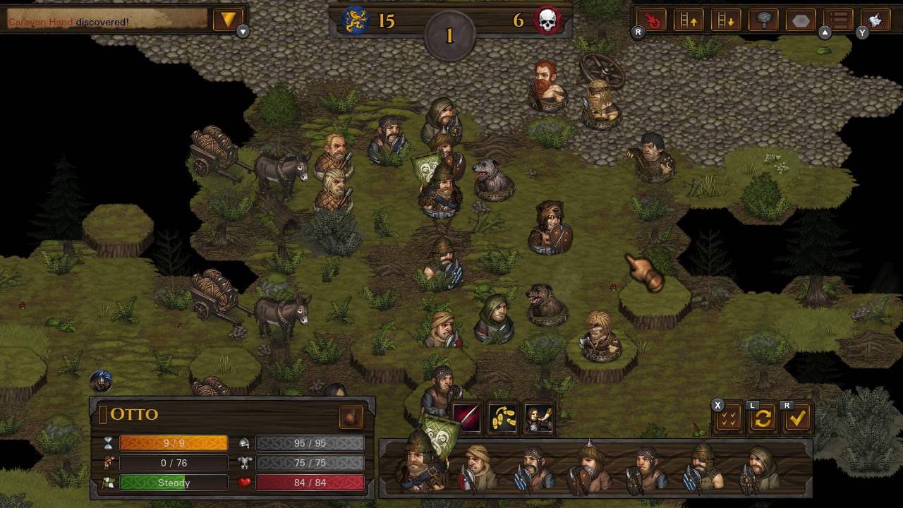Foes collide on a grassy map in Battle Brothers.