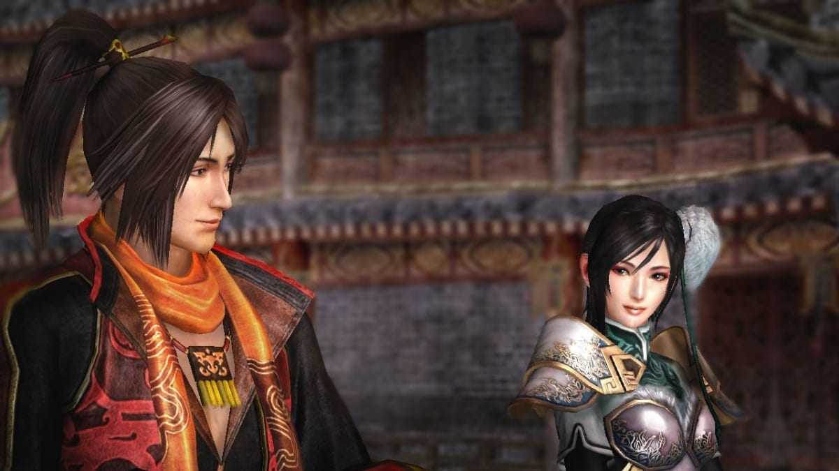 Screenshot from Dynasty Warriors 7 Empires of Ling Tong and Xing Cai exchanging glances.