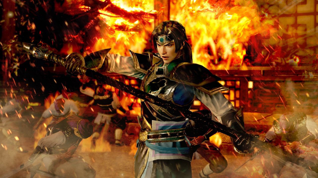 Screenshot of Dynasty Warriors 8 XL featuring Zhao Yun posing in front of a flaming building.