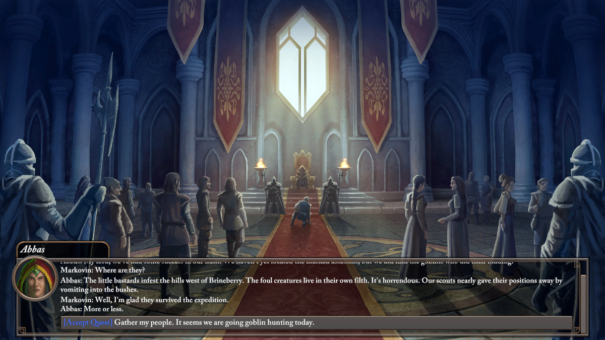 Characters are gathered in a castle keep as the story unfolds in Empire of Ember.