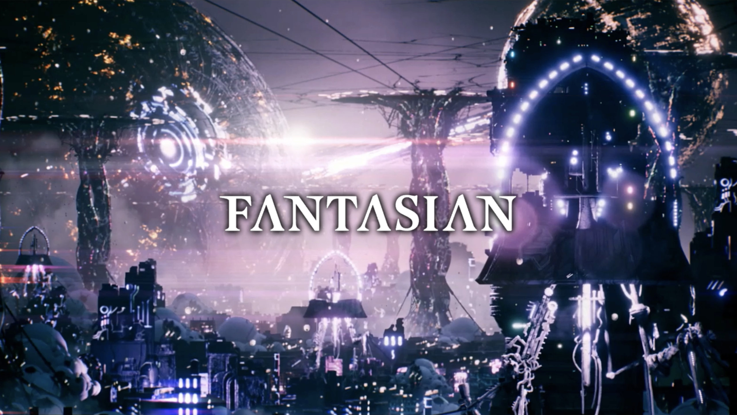 Fantasian Screenshot of the game logo over a futuristic glowing city skyline.