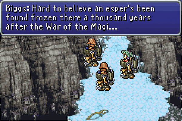 Biggs, Wedge, and a green-haired Terra standing outside of Narshe in Final Fantasy VI. They are all in their Magitek Armor standing on top of a snow-covered cliff. Biggs is talking about the espers and the War of the Magi, with a blue text box at the top of the screen.