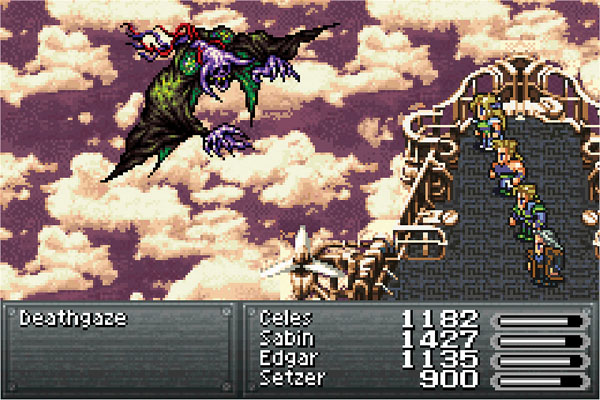 A combat scene on a grey airship, with purple and grey clouds in the background, in Final Fantasy VI. The party is Celes, Sabin, Edgar, and Setzer, and they are fighting Deathgaze.