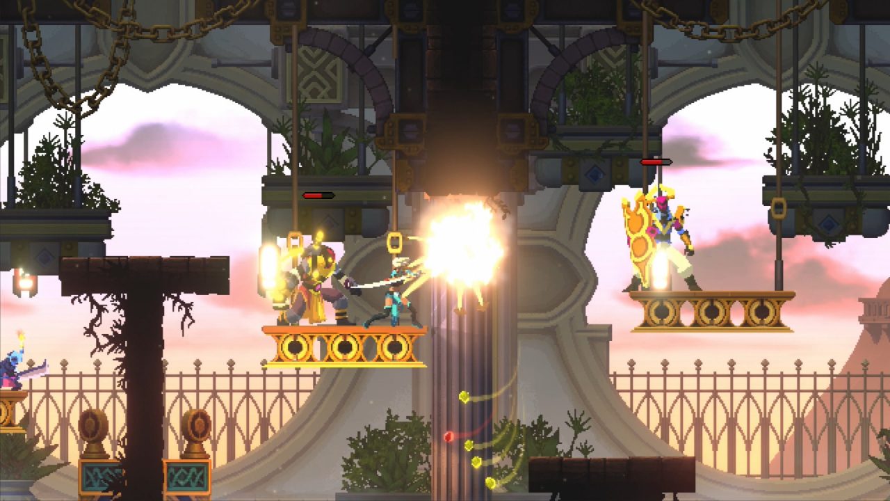 The Arbiter battles armored enemies on floating platforms in an ancient palace.