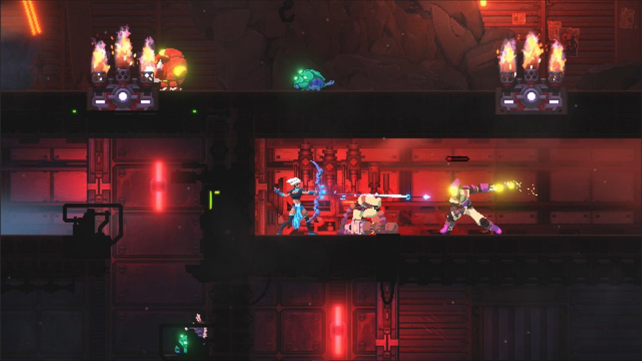 Forgone screenshot showing the Arbiter shooting a blue energy arrow from her bow toward some suited enemies in a small red-lit corridor.