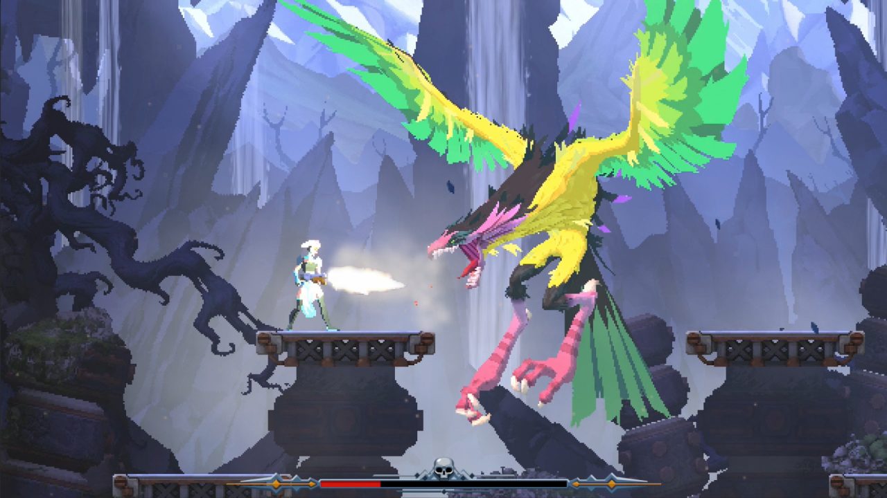 A character fires a gun at a giant bird-like creature in Foregone.
