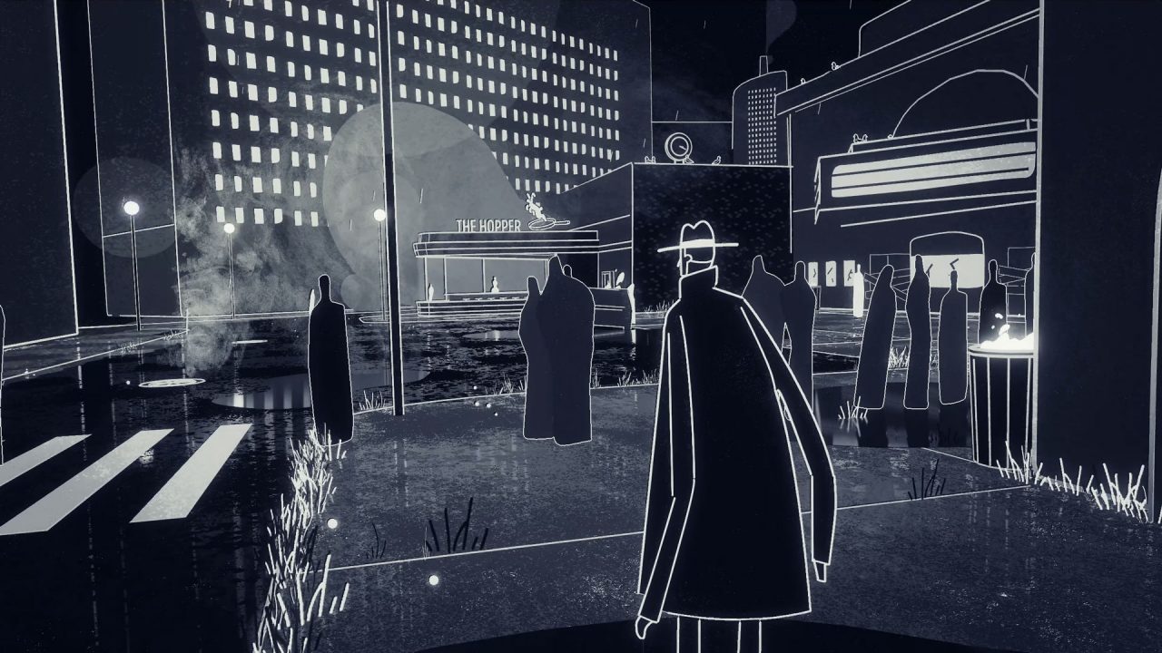 No Man gazes at a bar in Genesis Noir.