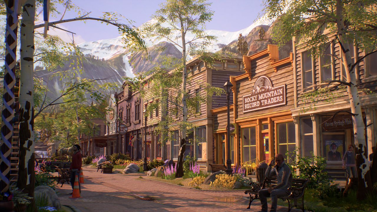 Mountain town center street featuring Rocky Mountain Record Traders.