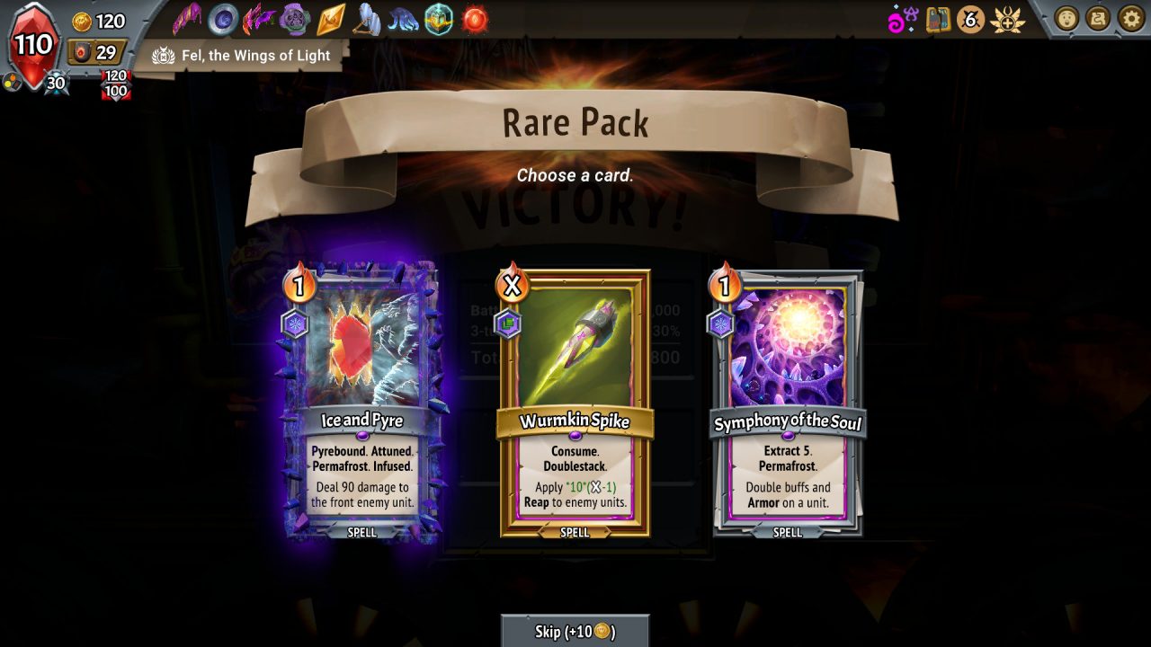 Monster Train: The Last Divinity screenshot of a selection of three rare cards.