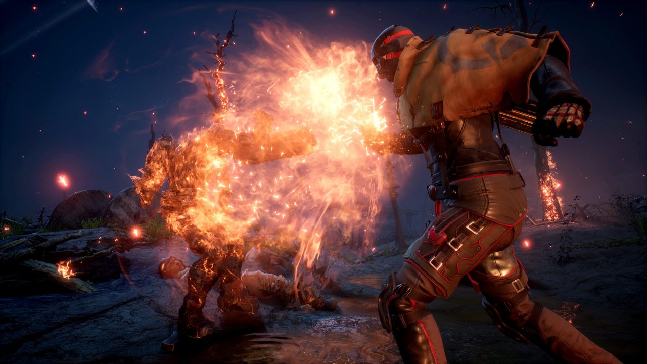 A character shoots a fireball at another character.