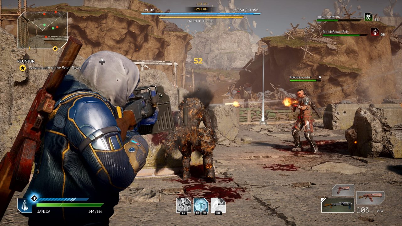 Two characters fire their guns at another character.