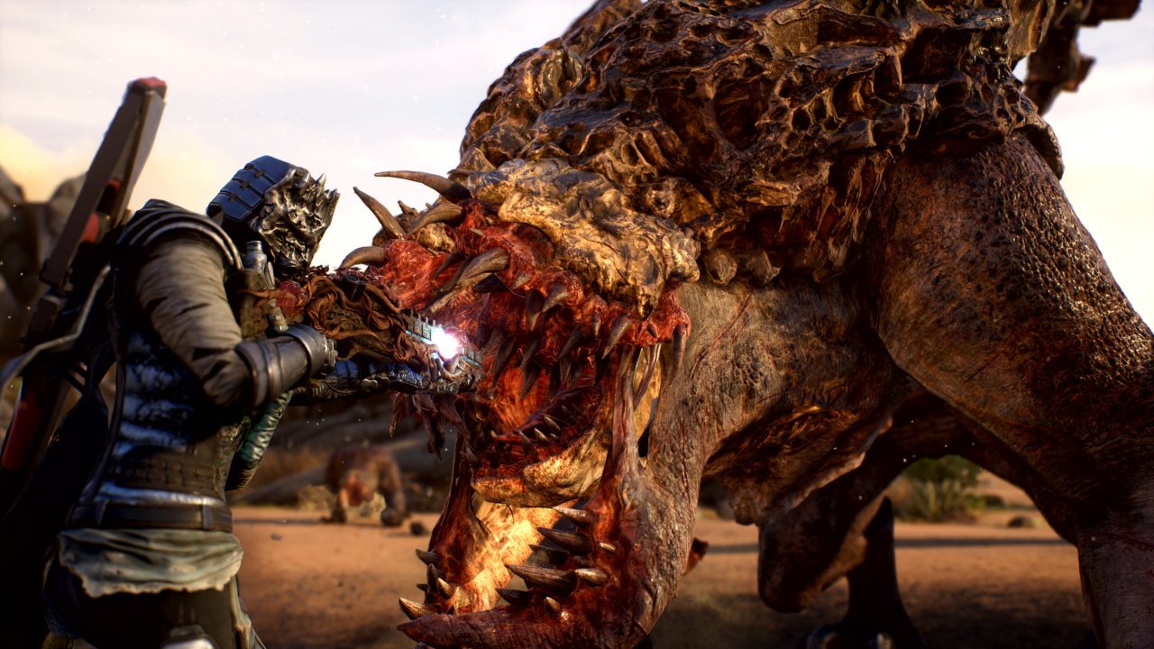 A character fires their gun at a large creature in Outriders.