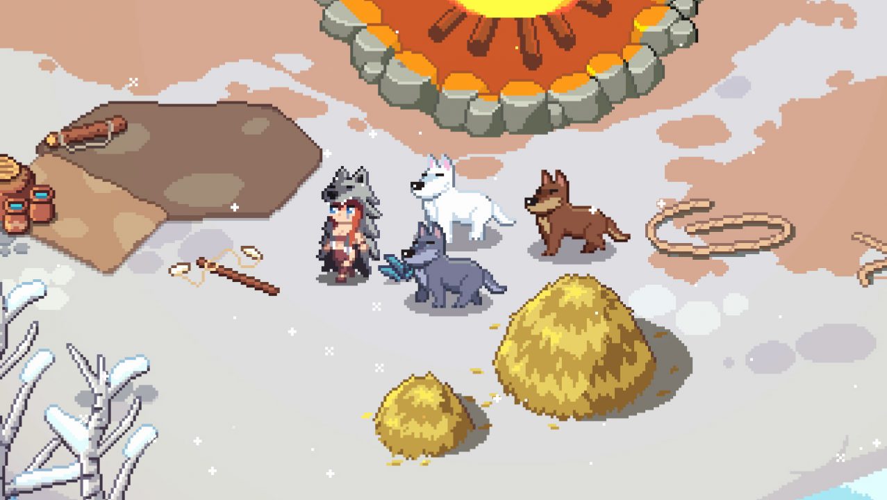 A prehistoric character being followed by three friendly wolves.
