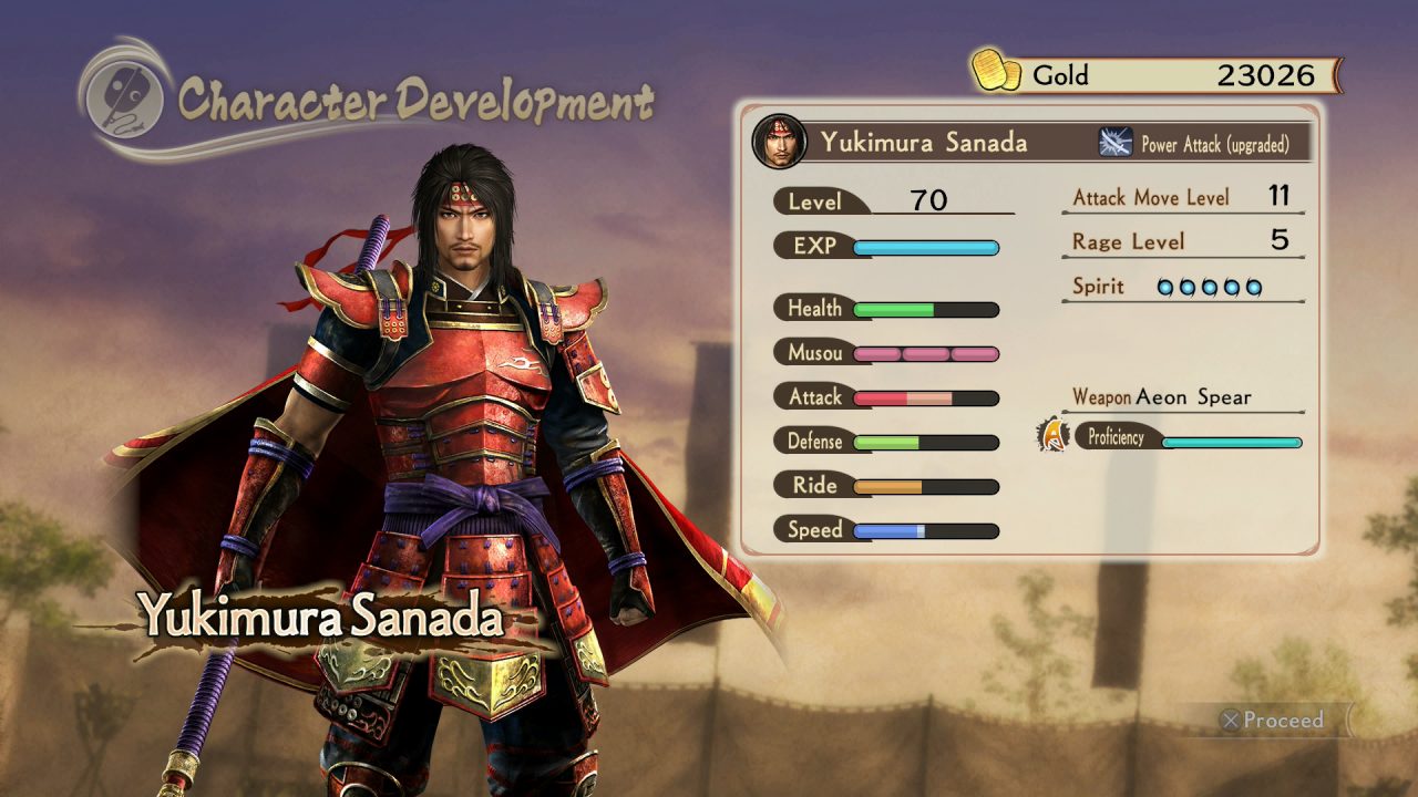 Screenshot from Samurai Warriors: Spirit of Sanada featuring Yukimura Sanada's statistics after leveling up.