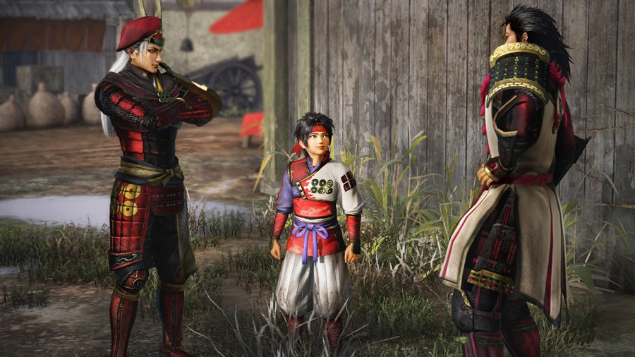 Screenshot from Samurai Warriors: Spirit of Sanada featuring a young Yukimura Sanada watching a conversation between his father and Sakon Shima.