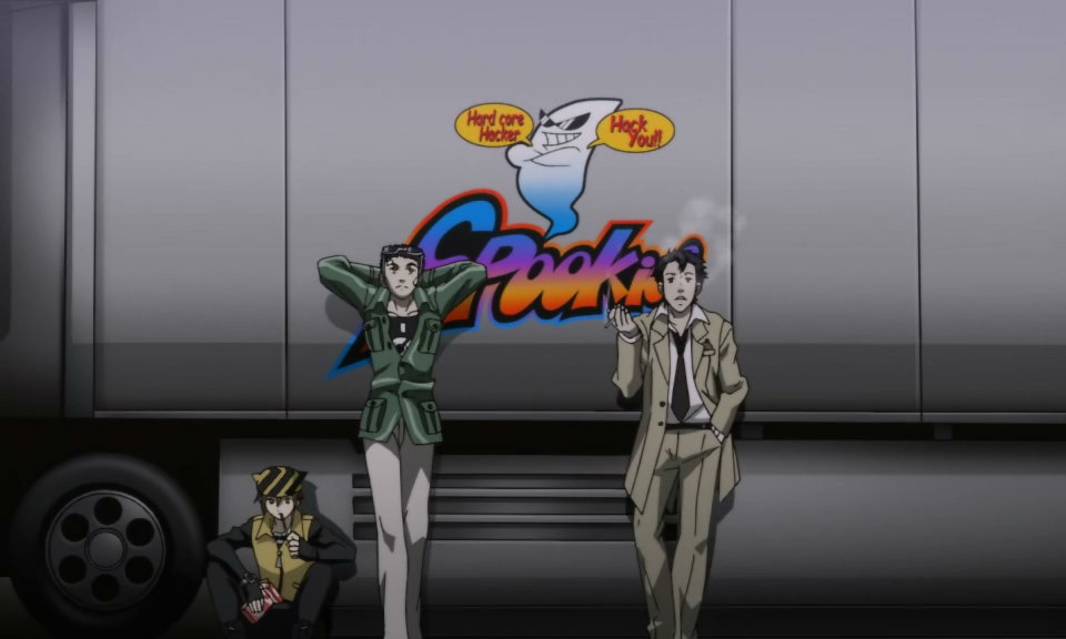 Shin Megami Tensei Devil Summoner Soul Hackers Screenshot of a few people seemingly on a work break, leaning against a wall with graffiti of lettering and a sunglasses-wearing ghost.