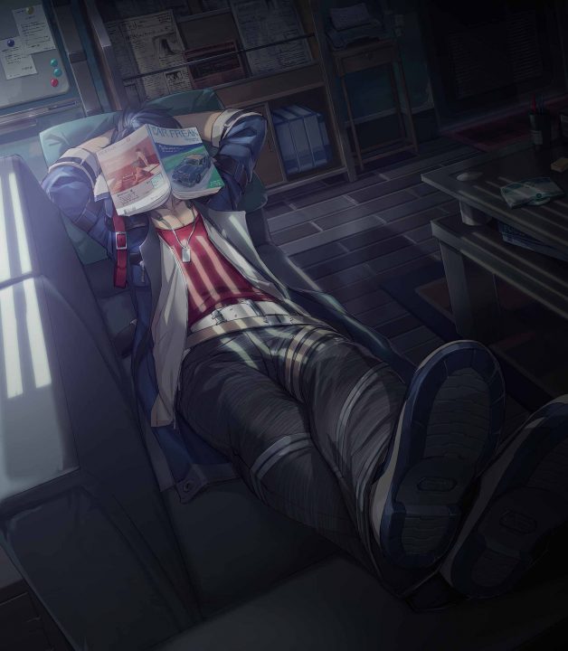 A character in The Legend of Heroes: Kuro No Kiseki laying on a couch taking a nap with a car magazine laying on their face.