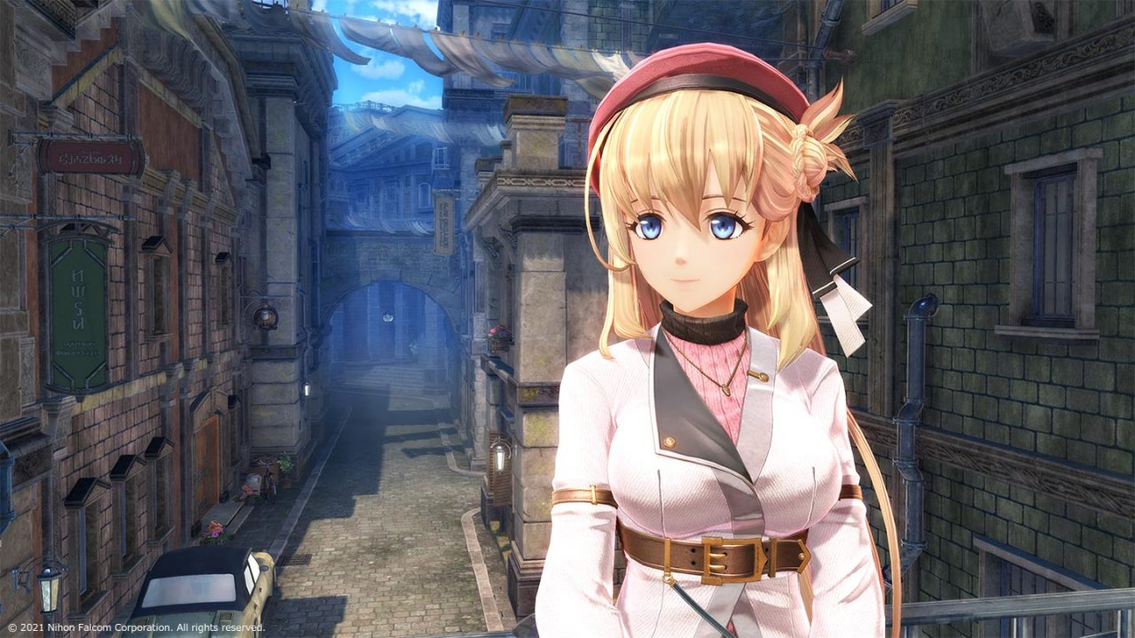 A smiling blonde woman in a white suit and red beret stands in a rustic city street in The Legend of Heroes: Kuro No Kiseki.