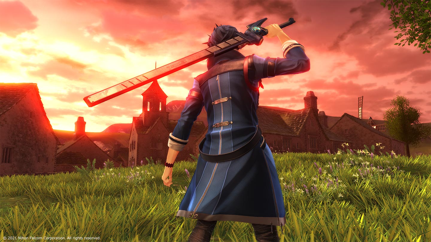 Man in blue trenchcoat with a rectangular-bladed sword stands outside a quaint town during sunset in The Legend of Heroes: Kuro No Kiseki.