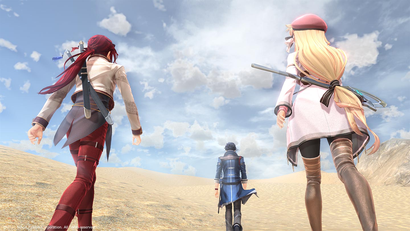 Captura de tela de Kuro no Kiseki de Van, Aaron e Agnes caminhando em uma região semelhante a um deserto sob um céu azul brilhante.