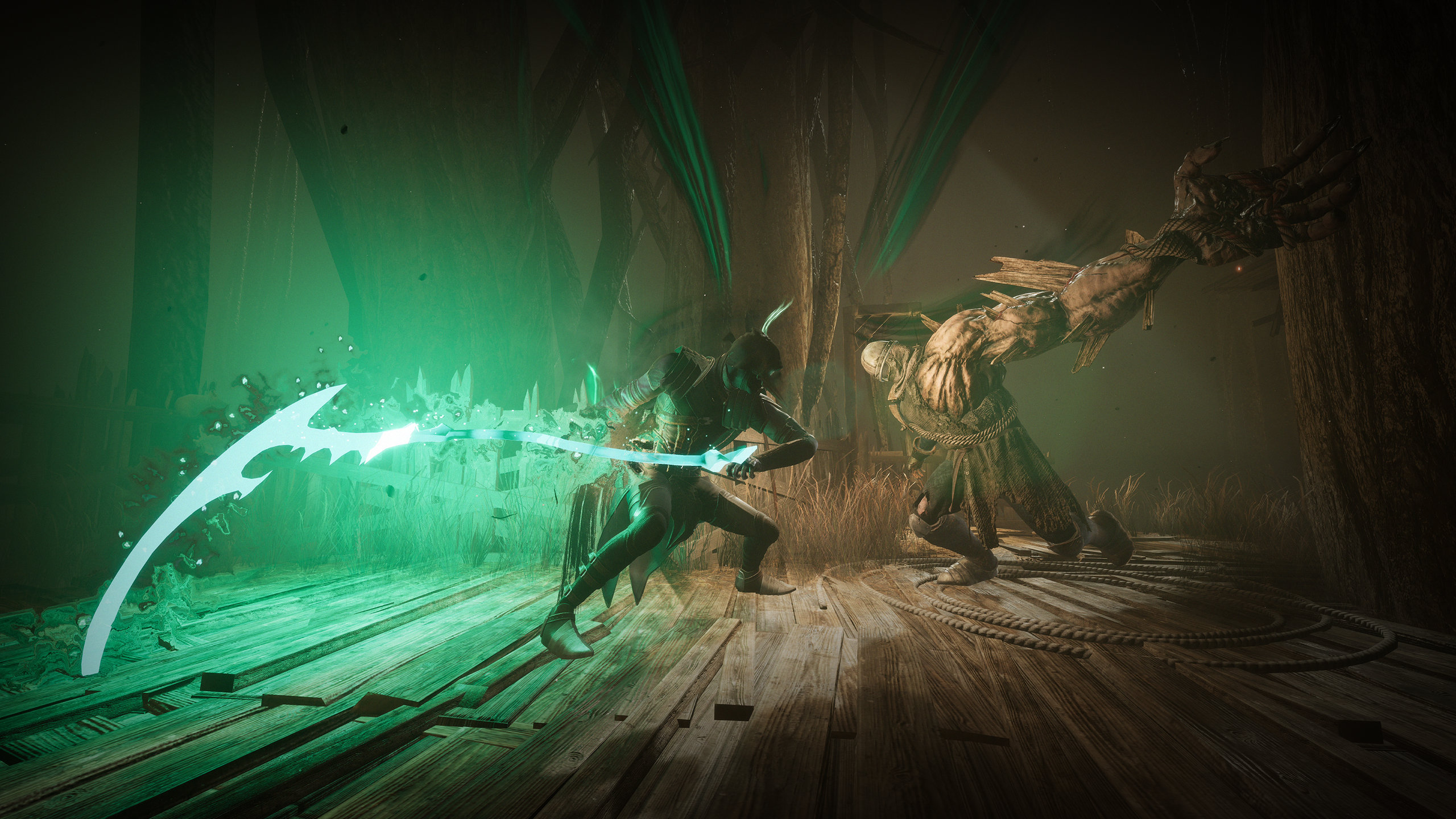 Thymesia screenshot of a man with a plague mask wielding a giant glowing scythe in opposition to a lumbering humanoid monster.