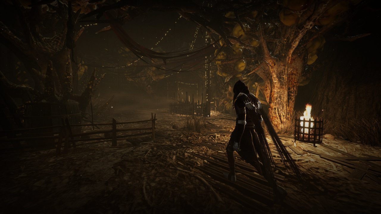 A screenshot of Thymesia, navigating a bleak looking corridor near a brazier.