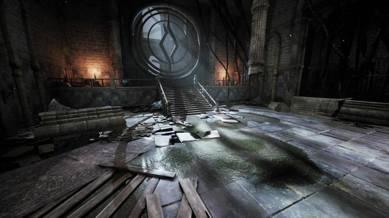 A screenshot of Thymesia of an abandoned catherdral, moonlight shining down through a cracked window.