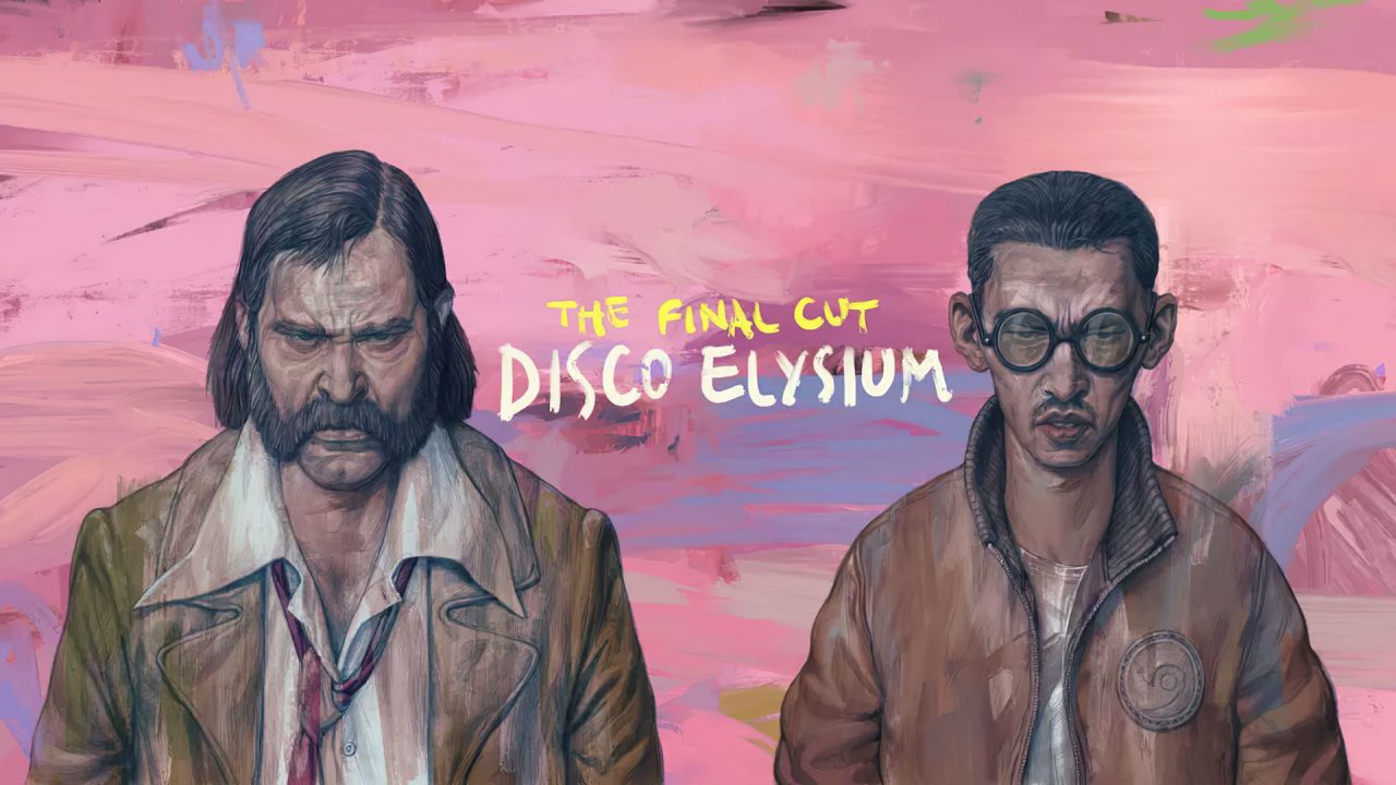 Two main characters stand side-by-side in front of a pink sky in Disco Elysium: The Final Cut.