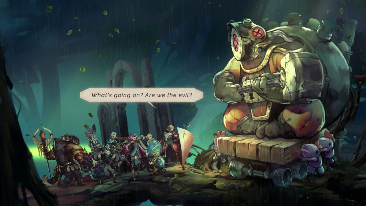 A character reacts next to a giant monster in Astria Ascending, stating, "What's going on? Are we the evil?"