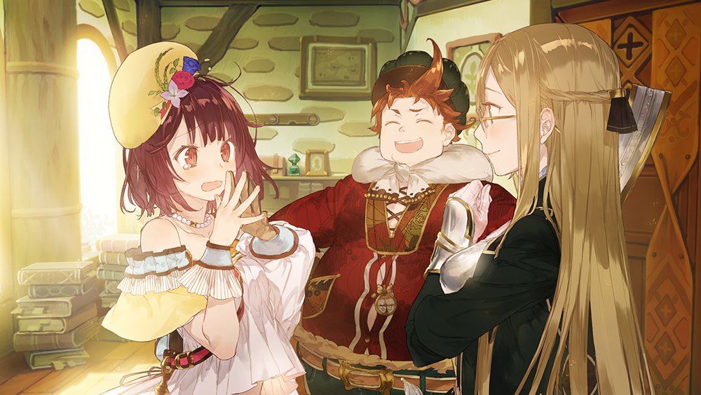 The protagonist expresses her frazzled surprise as friends laugh in Atelier Mysterious Trilogy.